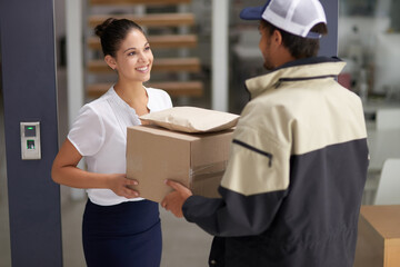 Aufkleber - Business, woman and courier with delivery, office and box with shipping, customer and supplier. Female client, male employee or happy entrepreneur with a package, parcel and distribution with service