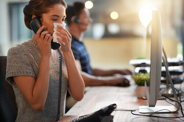 Aufkleber - Sick, phone call and a woman blowing nose for allergies, virus or flu while at work. Contact, business and a young female employee talking on a telephone with a disease, covid or allergy in an office