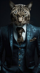 Wild cat dressed in an elegant and modern suit with a nice tie. Fashion portrait of an anthropomorphic animal, feline, shooted in a charismatic human attitude - Generative AI