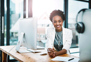 Business, portrait and black woman with a smile, startup success and computer with confidence, career and professional. Face, female person or employee with happiness, pc or development for a project