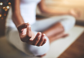 Poster - Woman, hands and yoga in meditation for relax, zen workout or spiritual wellness on floor mat at home. Closeup of female yogi hand for calm relaxation, awareness or mental wellbeing indoors