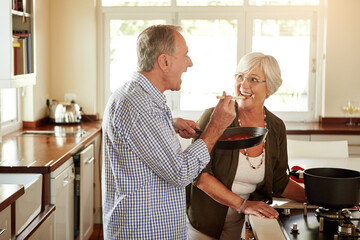 Poster - Taste, happy or old couple kitchen cooking with healthy food for lunch or dinner together at home in retirement. Senior woman tasting or smiling with mature husband in meal preparation in Australia