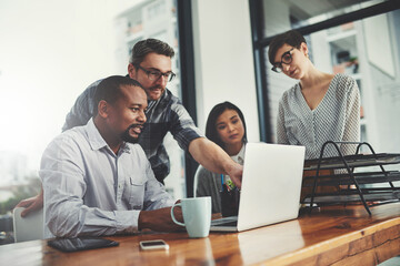 Poster - Teamwork, laptop and pointing with business people in meeting for project management, review or planning. Technology, website and training with group of employees in office for collaboration and idea