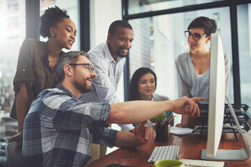 Poster - Teamwork, computer and strategy with business people in meeting for project management, review or planning. Technology, website and training with employees in office for collaboration and idea