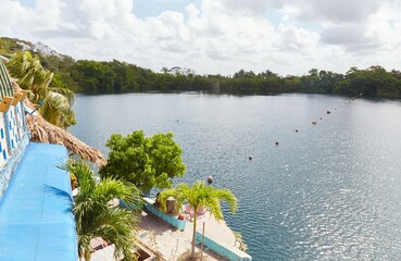 Cenote Azul in Bacalar, a large above-ground cenote known for its blue waters