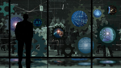 Canvas Print - Man watching a crowd of people controlled by artificial intelligence