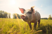 Funny Pet Pig On A Meadow On A Sunny Day. High Quality Generative AI