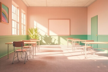 Wall Mural - Retro 60s pastel colored classroom in school or university. Generated AI.