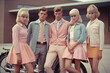 A group of retro 60s students posing on the pastel background.  Retro hairstyle and clothing in pastel colors. Generated AI.