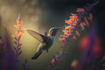 A hummingbird flying and visiting the red flower to drink and feed