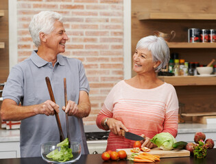 Wall Mural - Cooking, health and happy of old couple in kitchen for salad, love and nutrition. Helping, smile and retirement with senior man and woman cutting vegetables at home for food, dinner and recipe