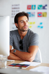 Computer, thinking and business man for online project, website design and digital brainstorming or brand solution. Young person, designer or worker on desktop pc with startup planning and vision