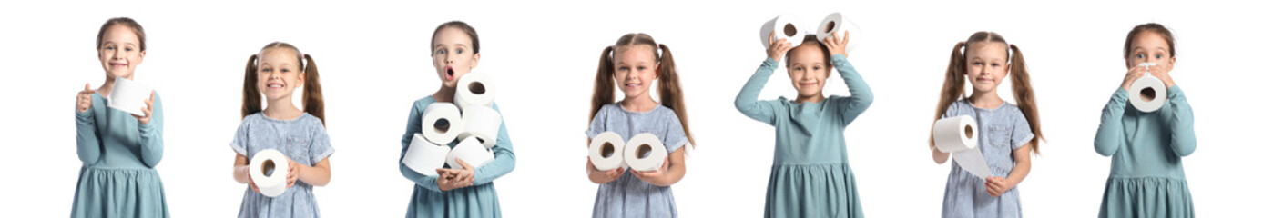 Wall Mural - Set of little girl with rolls of toilet paper on white background