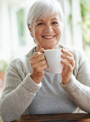 Poster - Portrait, happy old woman and cup of coffee in home for break, relaxing morning and retirement. Face, smile and senior lady drinking mug of warm beverage, tea time and happiness of good mood in house