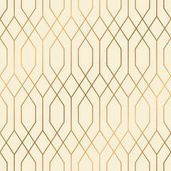 seamless pattern art deco with golden hexagon grid line rhombus on beige background, wallpaper design with fence structure.