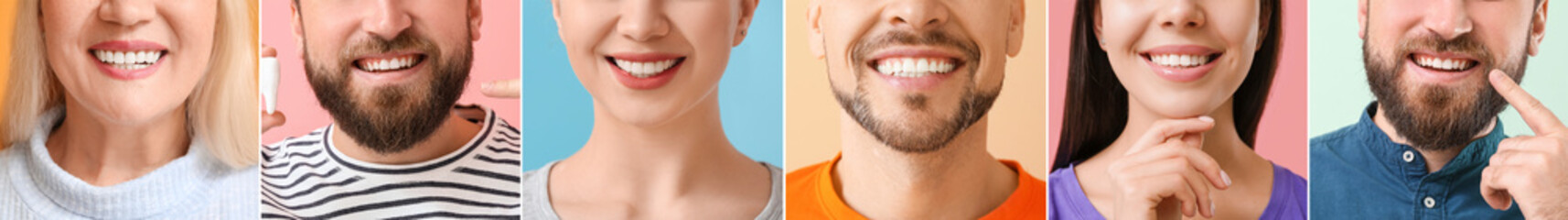 Collage of many people with healthy teeth, closeup