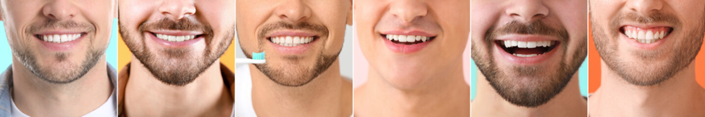 Sticker - Collage of many men with healthy teeth, closeup