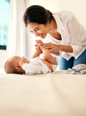 Sticker - Smile, love and a mother with her baby in the bedroom of their home together for playful bonding. Family, kids and a happy young mama spending time with her newborn infant on the bed for fun or joy