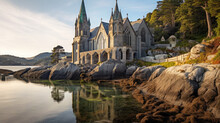 Multi Level Stone Castle With Cathedral Style Spires On The Beautiful Coastline And Beach