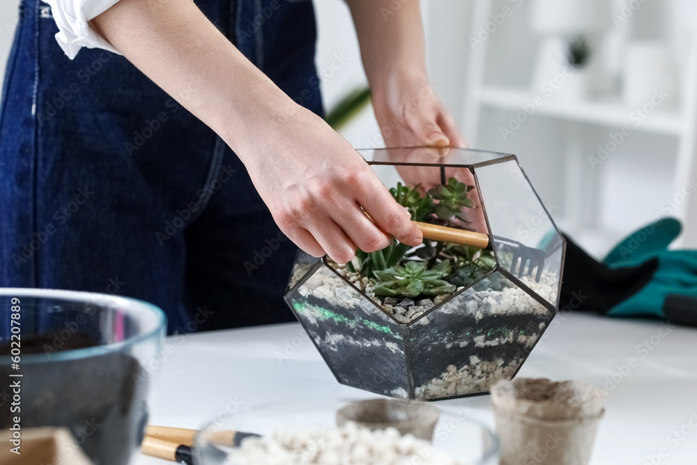Woman making florarium at table, closeup