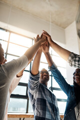 Aufkleber - Team, startup and group with high five, teamwork and achievement with collaboration, solidarity and goal. Staff, coworkers or men with women, support and professional with success and cooperation