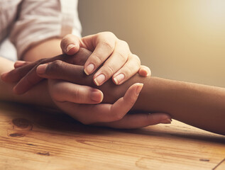 Wall Mural - Empathy, trust and support with people holding hands as friends in solidarity in cancer pain, grief or loss. Mental health, depression and love between friends during prayer together or faith in god