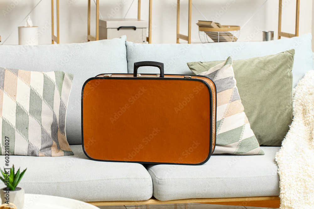 Brown suitcase on sofa in living room