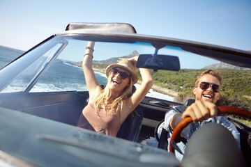 car road trip, travel and happy couple on ocean holiday adventure, transportation journey or fun sum