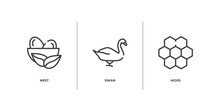 Wildlife Outline Icons Set. Thin Line Icons Sheet Included Nest, Swan, Moss Vector.