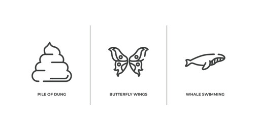 free animals outline icons set. thin line icons sheet included pile of dung, butterfly wings, whale swimming vector.