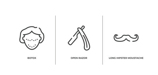 Wall Mural - beauty outline icons set. thin line icons sheet included botox, open razor, long hipster moustache vector.