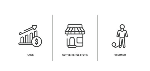 law & justice outline icons set. thin line icons sheet included raise, convenience store, prisoner vector.