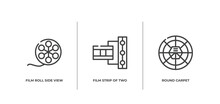 Cinema Outline Icons Set. Thin Line Icons Sheet Included Film Roll Side View, Film Strip Of Two Photograms, Round Carpet Vector.