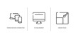 responsive web outline icons set. thin line icons sheet included three devices connected, pc equipment, resize page vector.