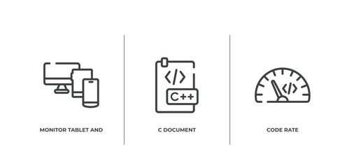 programming line craft outline icons set. thin line icons sheet included monitor tablet and smartphone, c document, code rate vector.