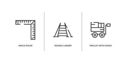 Wall Mural - constructicons outline icons set. thin line icons sheet included angle ruler, double ladder, trolley with cargo vector.