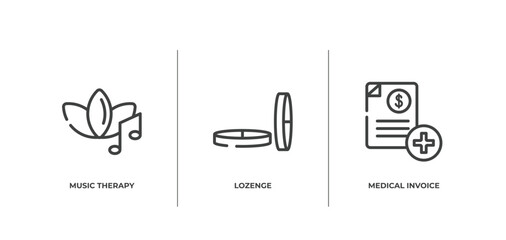 phary outline icons set. thin line icons sheet included music therapy, lozenge, medical invoice vector.