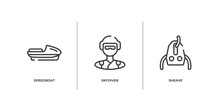 Adventure Sports Outline Icons Set. Thin Line Icons Sheet Included Speedboat, Skydiver, Sheave Vector.