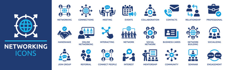 Networking icon set. Containing network, connections, relationship, online networking, community, events and social network icons. Solid icon collection. Vector illustration.