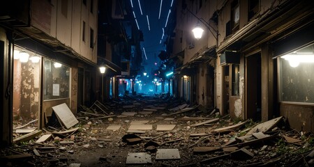 Wall Mural - Abandoned City Walkway at Night. Post Apocalyptic Town at Night. 