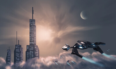 Wall Mural - spaceship fly over fog to city skyscrapers with sunset sky and moon. digital painting, 3d rendering 