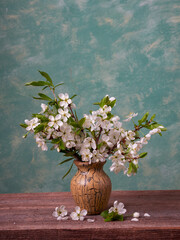 Wall Mural - White flowers on green bush. Spring cherry apple blossom. The white rose is blooming.       