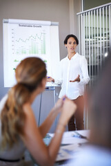 Aufkleber - Business woman, presentation talking and training of a corporate management team with financial chart. Speaking, female worker and collaboration of staff working in a conference room with data