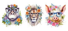 Floral Animals Wearing Glasses, Hippo, Lion, Pig, Watercolor. Generative AI