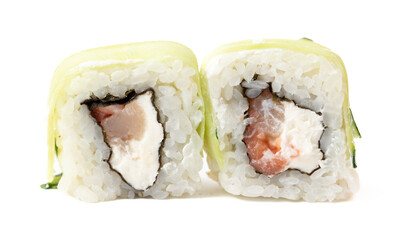 Poster - Sushi with fish and cucumber isolated on white background. Close-up