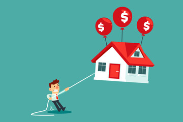 businessman holding rope tie to floating house with dollar sign balloon