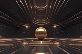 Fototapeta Perspektywa 3d - Golden tunnel of lights with 3d gold ball on floor futuristic space station room. Generative AI