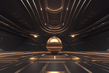 Golden tunnel of lights with 3d gold ball on floor futuristic space station room. Generative AI