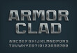 Armor Clad alphabet font. Riveted metal letters and numbers. Stock vector typescript for your design.