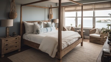 Bedroom decor, home interior design . Coastal Nautical style with Ocean View decorated with Wood and Rope material . Generative AI AIG26.